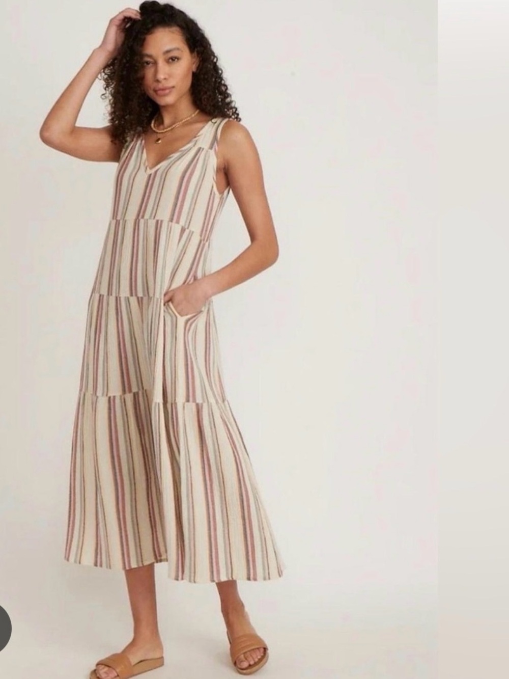 Marine Layer Cream Striped V‑Neck Tiered Maxi Dress